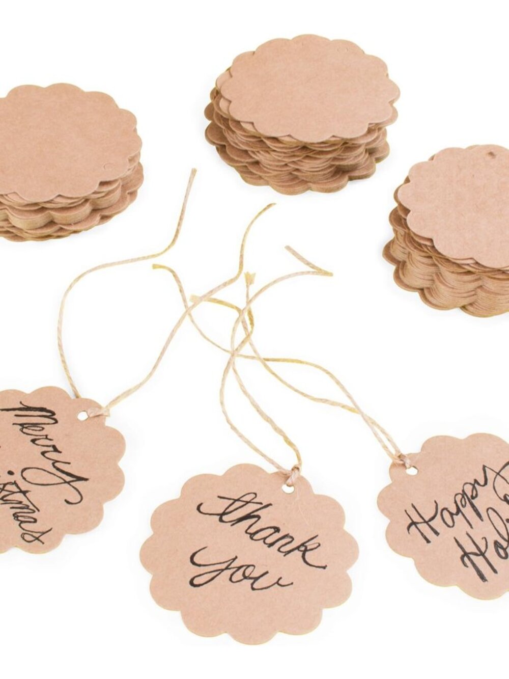 Brown Craft Scalloped Paper Label Tags with Jute Twines String for Birthday Part